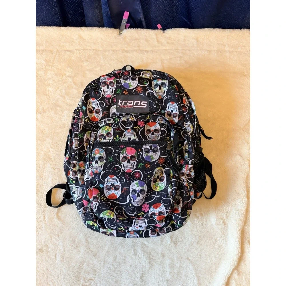 JanSport Trans Supermax Backpack Black Sugar Skull Print y2k grunge edgy goth